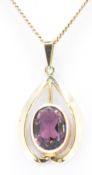 HALLMARKED 9CT GOLD & PURPLE STONE PENDANT NECKLACE