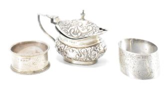 SILVER HALLMARKED MUSTARD POT & NAPKIN RINGS