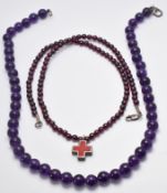 AMETHYST AND SILVER BEAD NECKLACE & PENDANT WITH ANOTHER