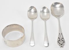 THREE 20TH CENTURY SILVER HALLMARKED SPOONS & NAPKIN RING