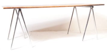 20TH CENTURY HARDWOOD & CHROME REFECTORY TRESTLE TABLE