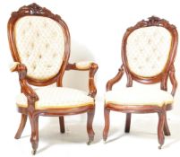PAIR OF VICTORIAN 19TH CENTURY LADY & GENTLEMAN SALON CHAIRS