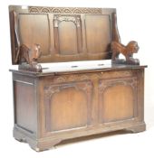 JACOBEAN REVIVAL CARVED OAK MONKS BENCH - HALL SETTLE