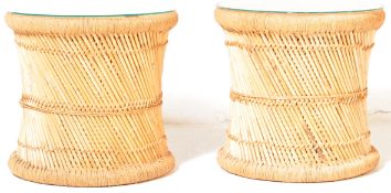 PAIR OF MID CENTURY BAMBOO AND RATTAN WEAVE TABLES