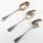 THREE HALLMARKED SILVER GEORGE III SERVING SPOONS
