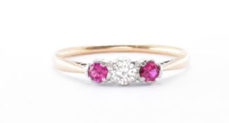 14CT GOLD DIAMOND & RUBY THREE STONE RING