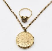 9CT GOLD SMOKEY QUARTZ RING & LOCKET PENDANT NECKLACE