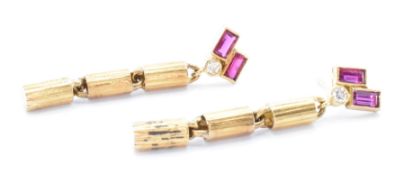 14CT GOLD RUBY & DIAMOND ART DECO STYLE DROP EARRINGS