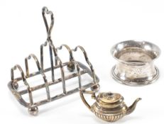 SILVER HALLMARKED TOAST RACK WITH MINIATURE TEA POT & NAPKIN RING