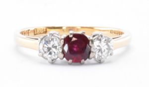 HALLMARKED 18CT GOLD RUBY & DIAMOND THREE STONE RING
