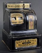 VINTAGE UNCLE SAMS THREE COIN MECHANICAL BANK SLOT MACHINE