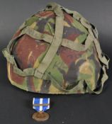 BRITISH ARMY CAMOUFLAGE HELMET & KOSOVO ' PEACE & FREEDOM ' MEDAL