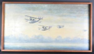 RICHARD JONES - WWII INTEREST OIL ON BOARD PAINTING OF SHORT SINGAPORE PLANES