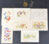 WWI FIRST WORLD WAR MEDAL PAIR & SILK POSTCARDS