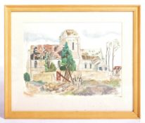 ROGER HOPKIN - WATERCOLOUR PAINTING DEPICTING A FRENCH CHURCH