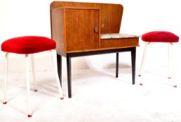 RETRO VINTAGE MID 20TH CENTURY TEAK WOOD TELEPHONE SEAT AND TWO STOOLS