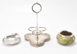 EGYPTIAN SILVER PIN DISH, CRUET STAND & TABLE SALT