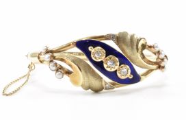 14CT GOLD DIAMOND ENAMEL AND HALF PEARL BANGLE