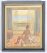 IAN CRER (B. 1959) - 80'S OIL ON CANVAS PAINTING OF A SEATED NUDE