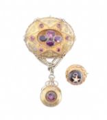TWO VICTORIAN GILT METAL & PINK STONE BROOCHES