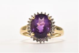HALLMARKED 9CT GOLD AMETHYST & DIAMOND CLUSTER RING
