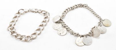 SILVER COIN BRACELET & WHITE METAL CURB BRACELET