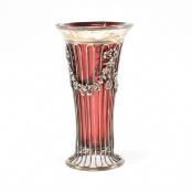EDWARDIAN SILVER HALMAKRED & RUBY GLASS POSY VASE