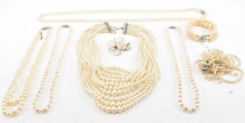 VINTAGE MIKIMOTO PEARL BROOCH & VINTAGE SIMULATED PEARL NECKLACES