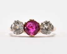 18CT GOLD RUBY & DIAMOND THREE STONE RING
