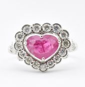 WHITE GOLD RUBY & DIAMOND HEART CLUSTER RING