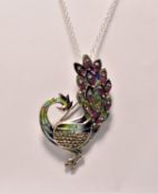 SILVER PILQUE A JOUR & RUBY PEACOCK PENDANT NECKLACE