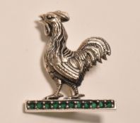 SILVER & GREEN STONE COCKREL BROOCH