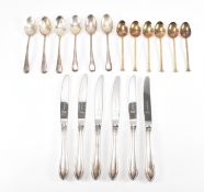 SIX SILVER TEASPOONS & SILVER HANDLED KNIVES