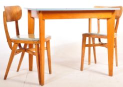 MID 20TH CENTURY BLUE FORMICA DINING TABLE AND CHAIRS