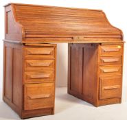 1920'S SOLID OAK ROLL TOP TAMBOUR PEDESTAL OFFICE DESK