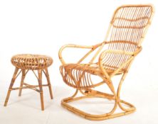 VINTAGE ITALIAN BAMBOO CANE ARMCHAIR AND OTTOMAN STOOL