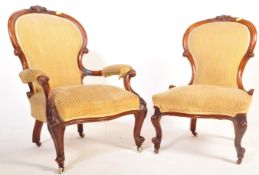 19TH CENTURY VICTORIAN LADIES & GENTS LIBRARY ARMCHAIRS