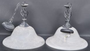 PAIR OF GLASS & EBONISED METAL CEILING LIGHT SHADES