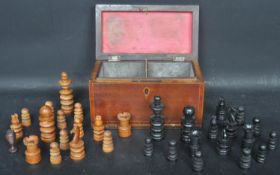 CARVED PINE EBONISED WOOD CHESS SET & TEA CADDY