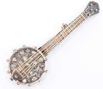 VICTORIAN SILVER & DIAMOND BANJO BROOCH