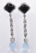 PAIR OF ONYX DIAMOND & AQUAMARINE DROP EARRINGS