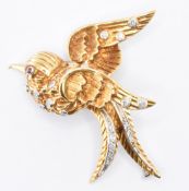 18CT GOLD DIAMOND & RUBY BIRD BROOCH