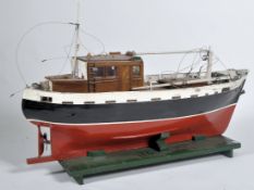 VINTAGE LARGE SCRATCH BUILT MODEL BOAT ON STAND