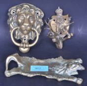 THREE VINTAGE BRASS ITEMS - DOOR KNOCKERS & DESK ORNAMENT