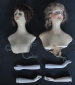TWO FRENCH ART DECO BOUDOIR POUPEE WAX DOLL BUSTS