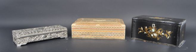 THREE VINTAGE BOXES - VIZAGAPATAM - LACQUER - SILVER PLATE