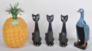 COLLECTION OF RETRO ITEMS - PINEAPPLE ICE BUCKET & KITSCH CAT FIGURES