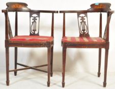 PAIR OF EDWARDIAN MAHOGANY INLAID CORNER CHAIRS