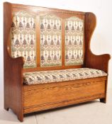JACOBEAN REVIVAL GOLDEN OAK UPHOLSTERED HALL SETTLE BENCH