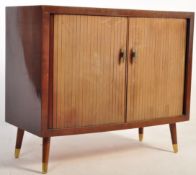 MID 20TH CENTURY TAMBOUR FRONTED TEAK RECORD CABINET
